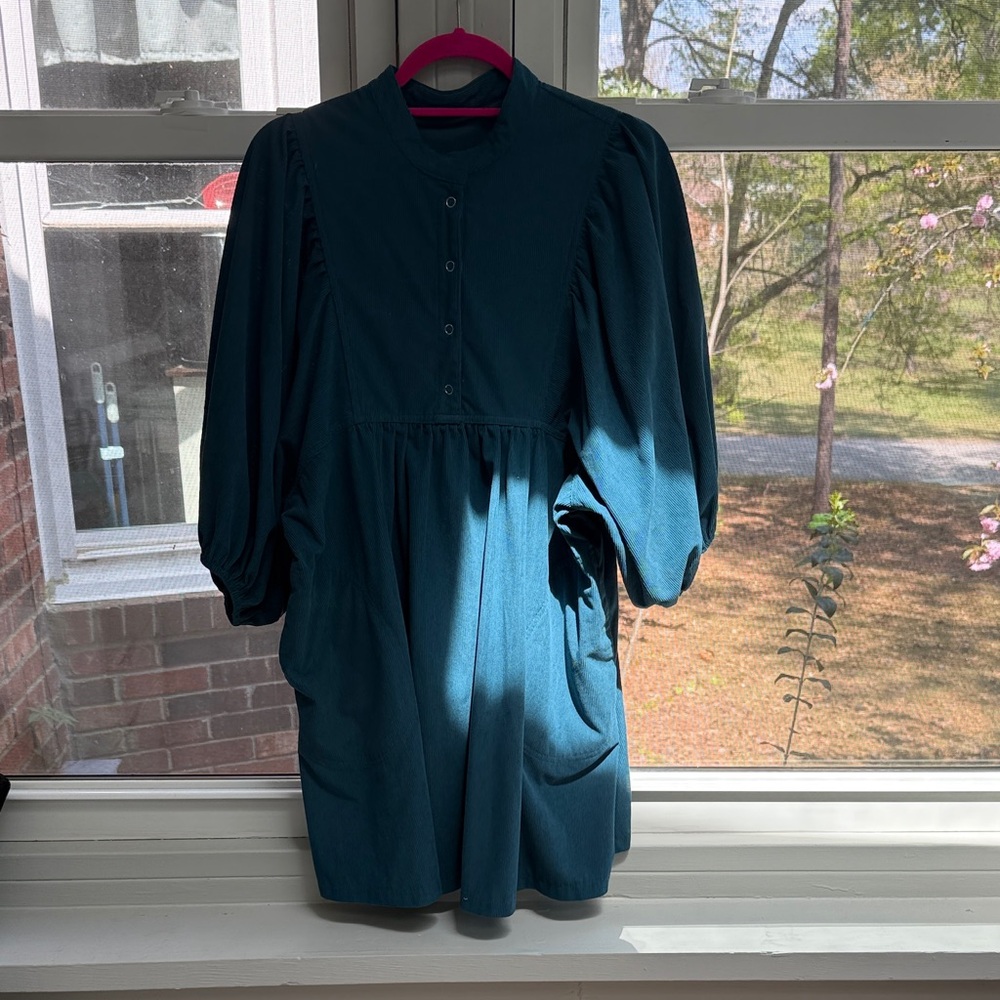 Teal Corduroy Snap-Front Puff-Sleeve Women's Peasant Babydoll Dress - Sz L